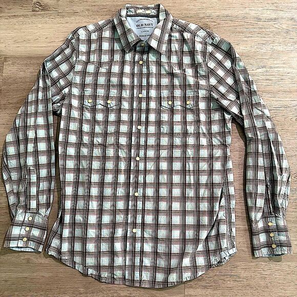 Old Navy Blue & Brown Plaid Long Sleeve Button Front Shirt Size Large - Picture 2 of 8